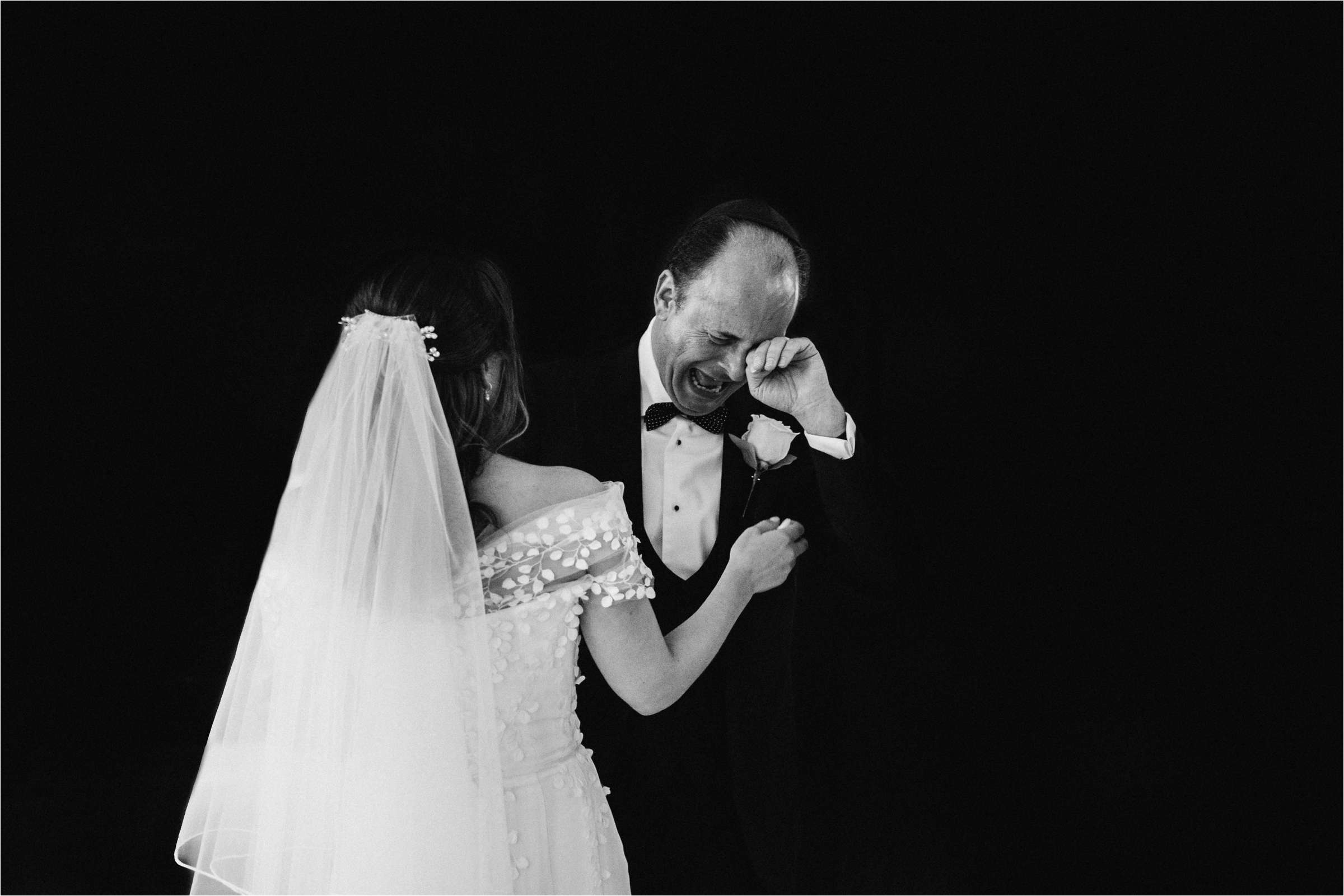 a father crying with his daughter on her wedding day