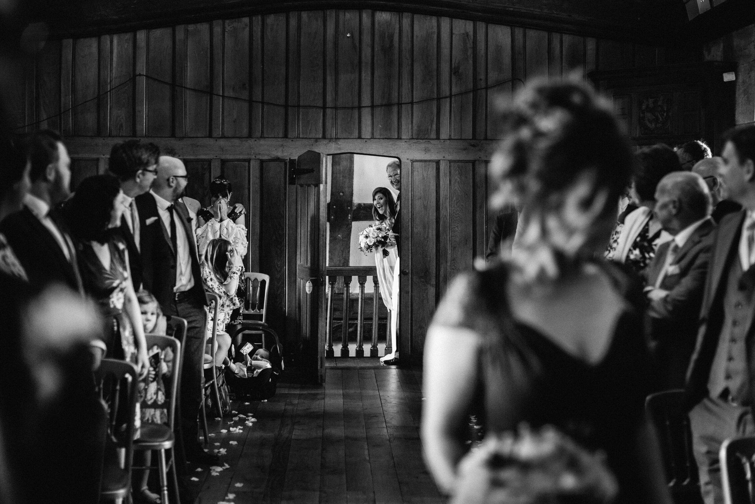 father and daughter about to walk down the aisle at Brinsop Court